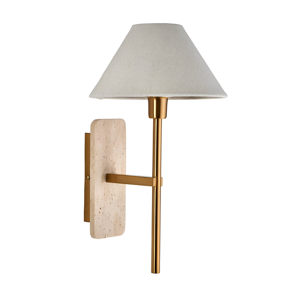 Bramble Wall Light in brass and travertine with a rectangular stone backplate, slim brass arm, and tapered linen shade, on a white background.