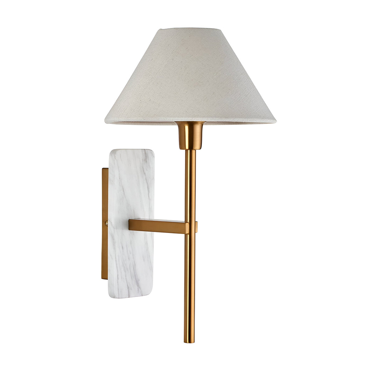 Bramble wall light with a white marble backplate, slim brass arm, and tapered natural linen shade, shown on a plain white background.