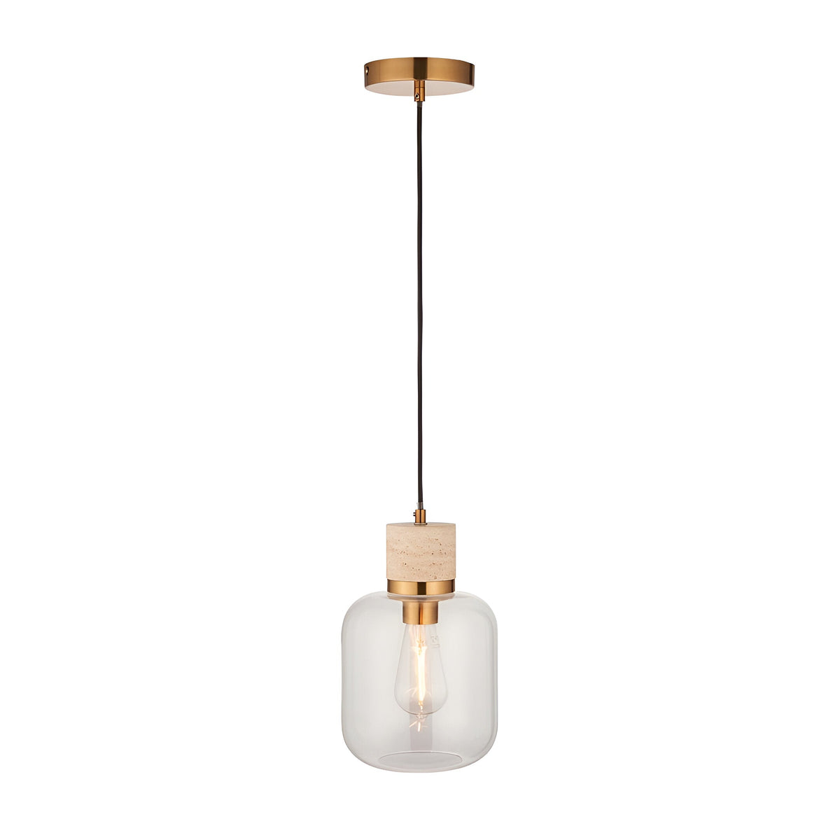 Endon Cranstead pendant light with beige travertine stone top, brushed brass collar and clear rounded glass shade on black flex, shown on white.