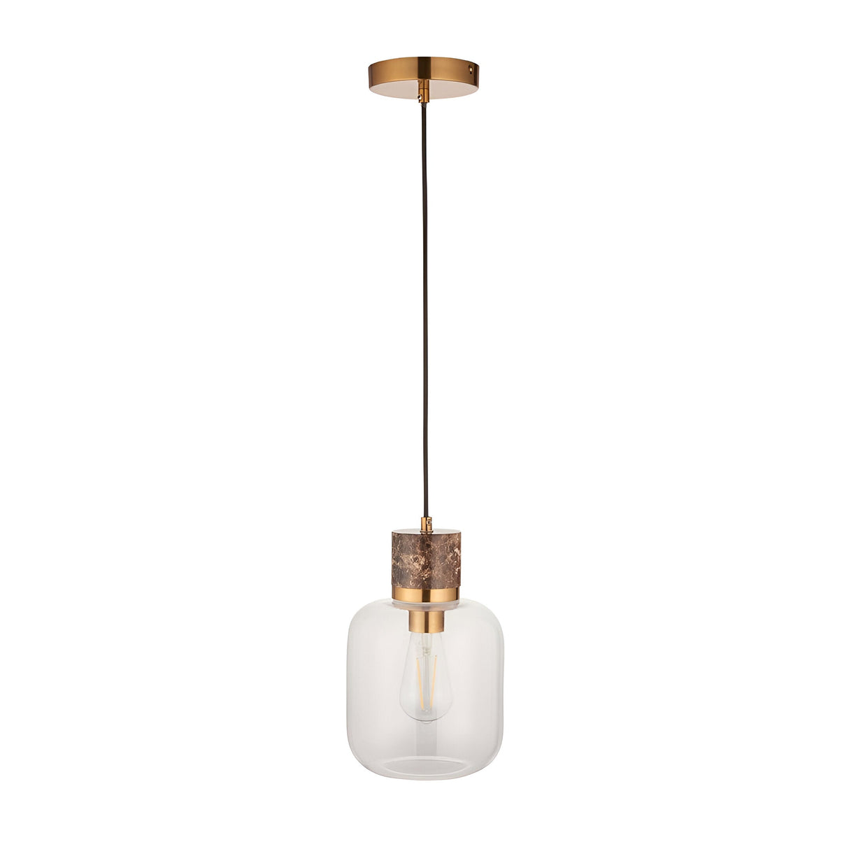 Cranstead single pendant light with clear rounded glass shade, brown marble top and brass collar, suspended from a black cord on a white background.