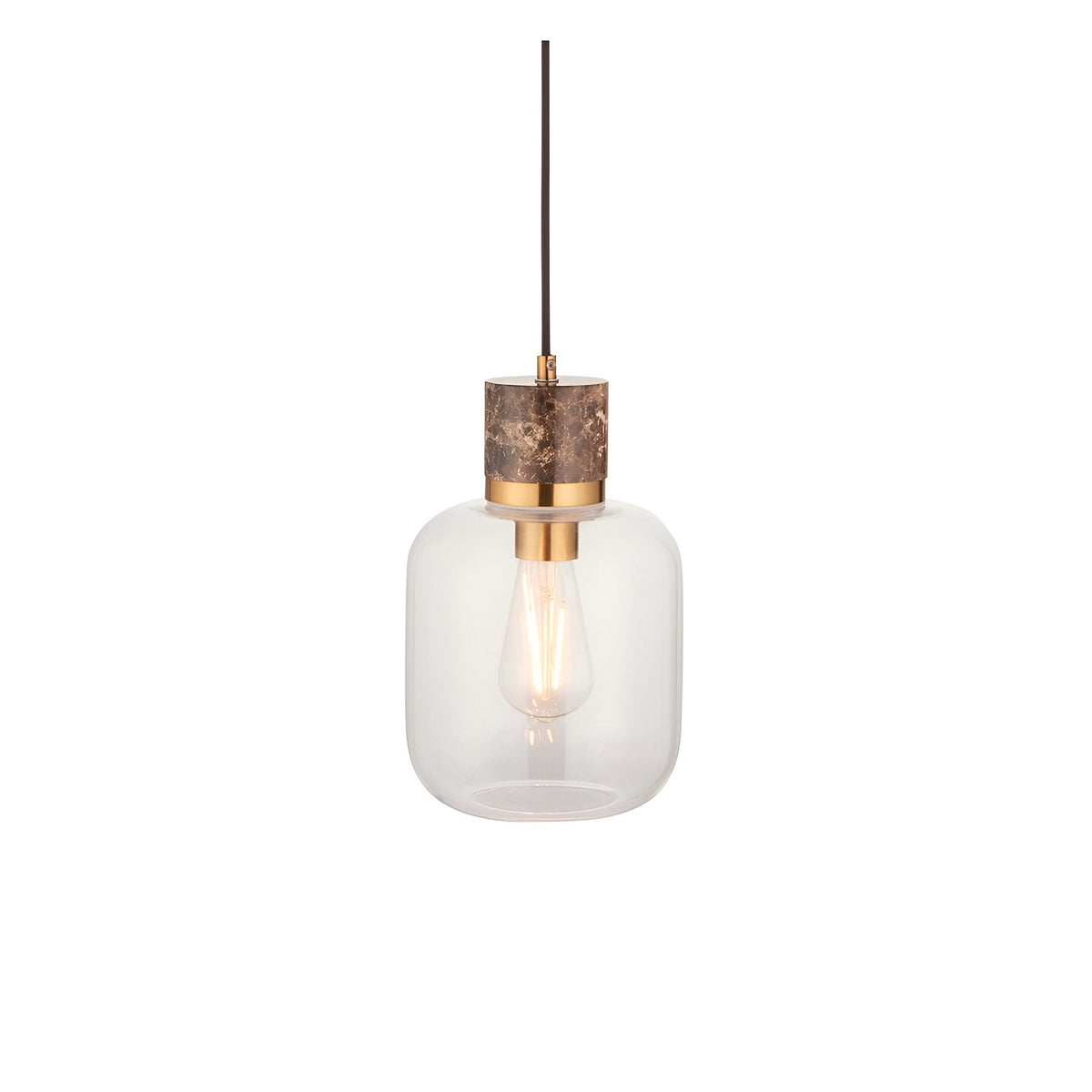 Cranstead pendant light with clear glass shade, brass collar and brown marble-effect top, exposed E27 bulb, black cord, on a plain white background.