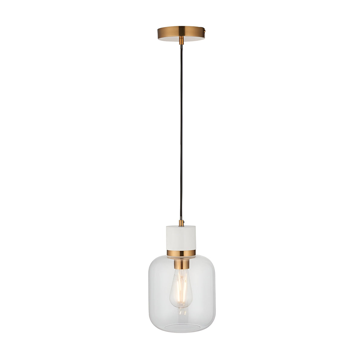 Endon Cranstead pendant light with white marble top, brushed brass collar, clear glass shade and black flex on a plain white background.