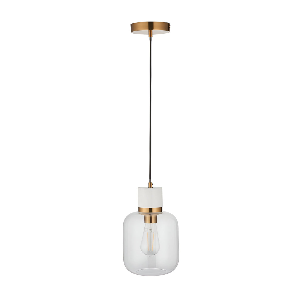 Endon Cranstead pendant light with white marble top, brushed brass collar and clear glass shade holding an E27 filament lamp, on a plain background.