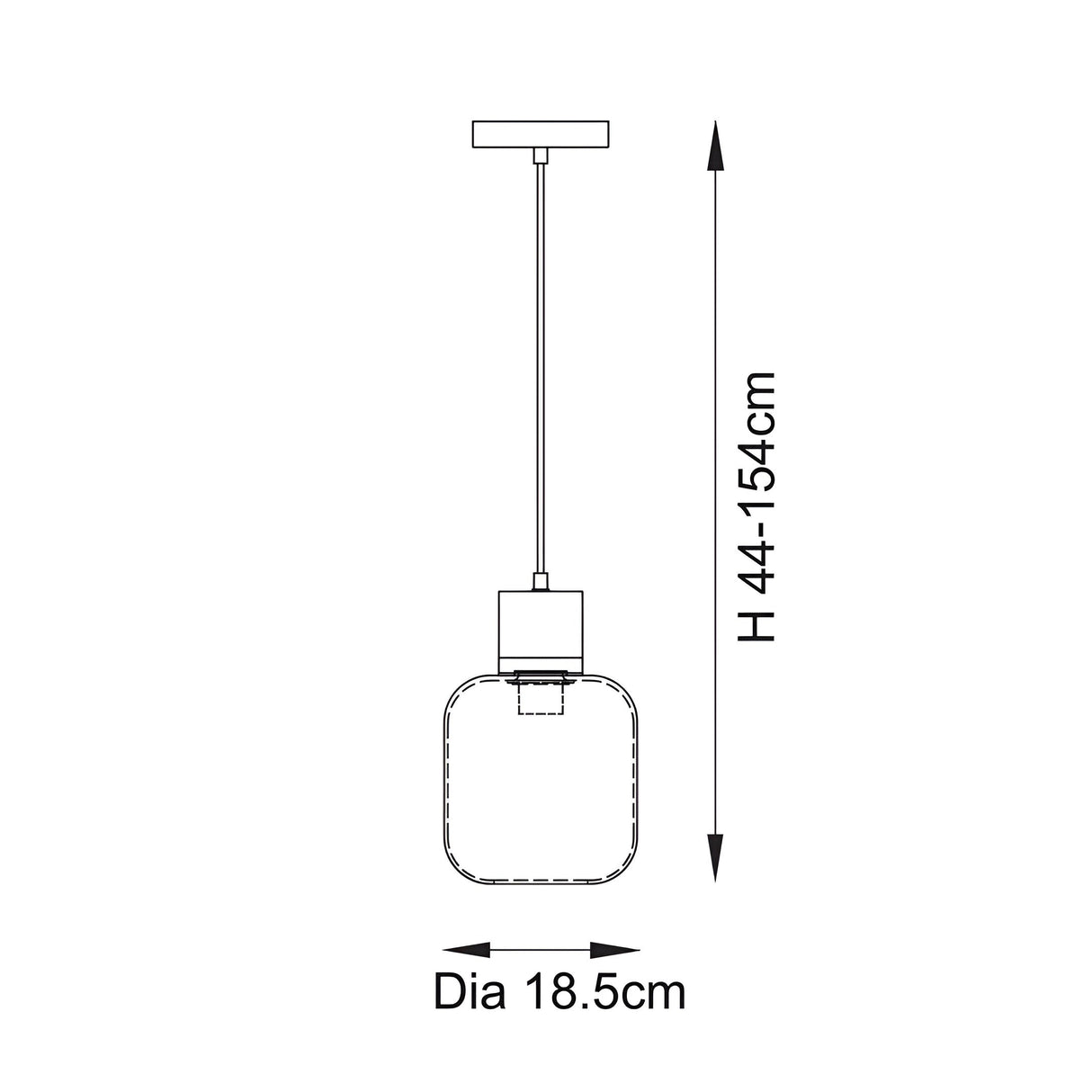 Dimension diagram of Endon Cranstead pendant light showing 44–154cm adjustable height and 18.5cm shade diameter on a plain white background.