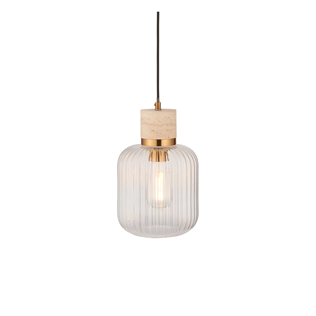 Cranton Pendant Light in brass and natural stone, with ribbed clear glass shade on a black cord, shown on a white background.