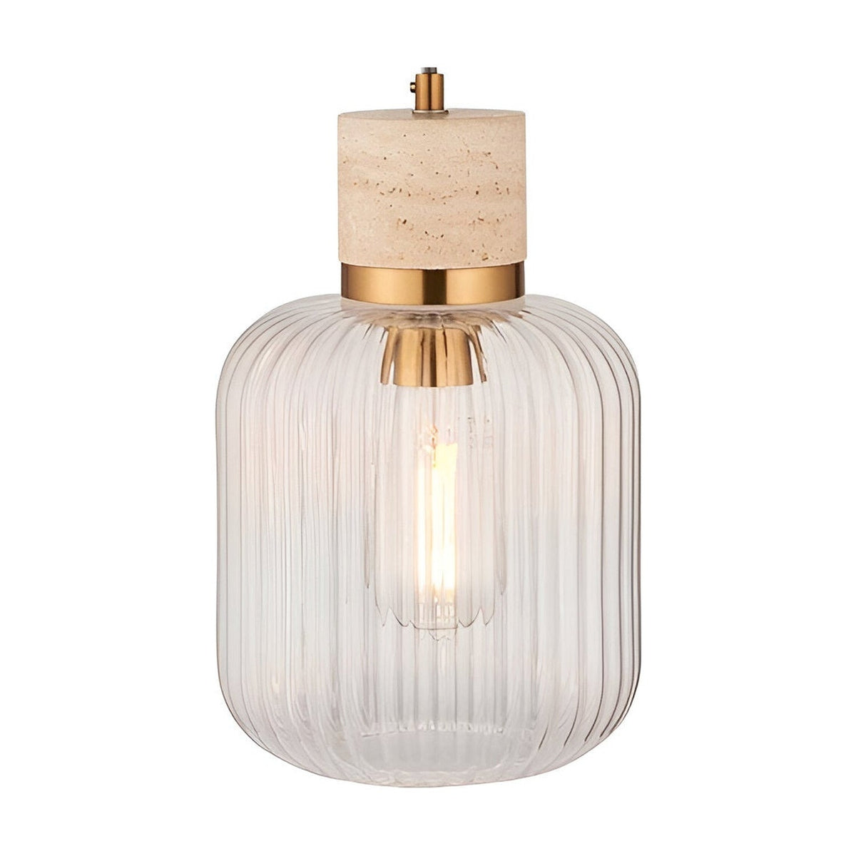 Cranton Pendant Light in brass and natural stone, with ribbed clear glass shade on a black cord, shown on a white background.