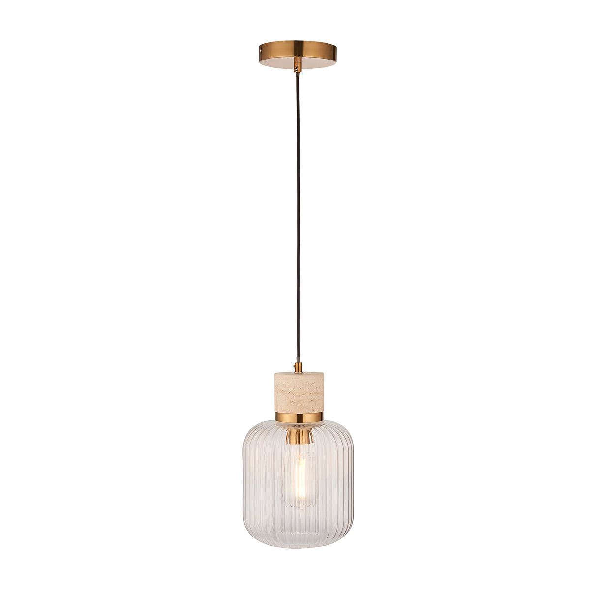 Cranton Pendant Light in brass and natural stone, with a ribbed clear glass shade on a black cord and round brass ceiling plate, shown on a white background.