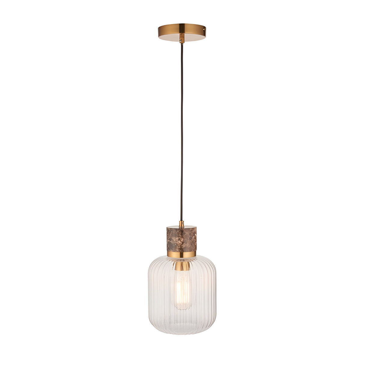 Endon Cranton pendant light with brown marble top, brass collar, and clear ribbed glass shade on black flex, shown on a white background.