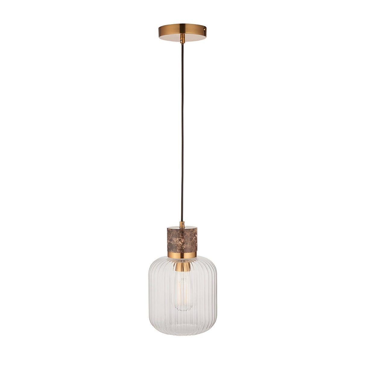 Endon Cranton pendant light with brown marble top, brass collar and clear ribbed glass shade on black flex, shown against a white background.