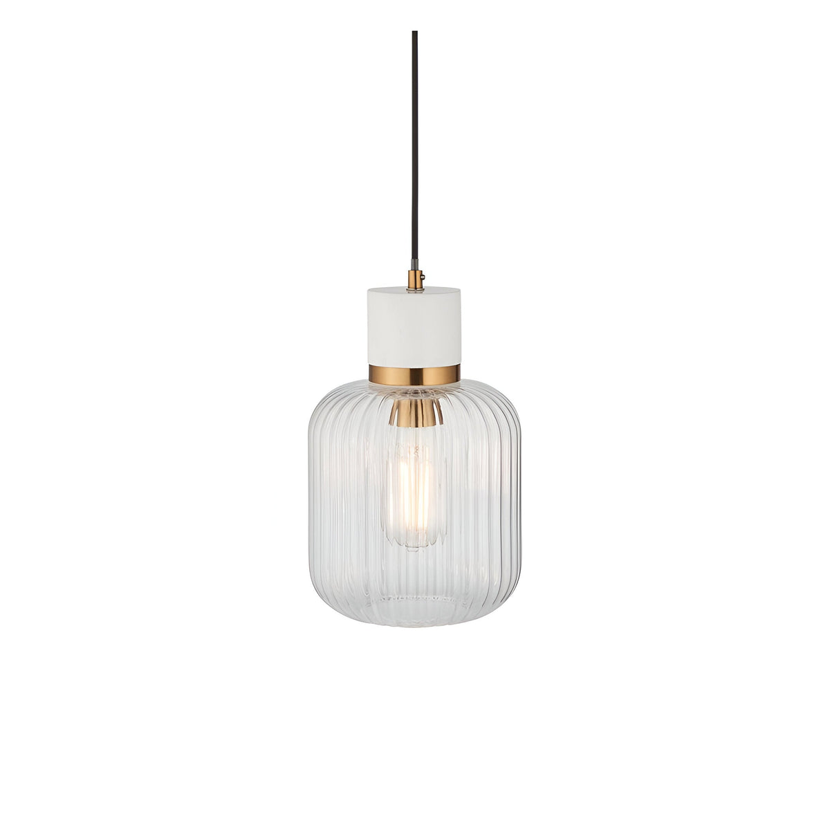 Cranton Pendant Light with white stone top, brass collar, and ribbed clear glass shade, E27 bulb visible, on a black cord against a plain white background.