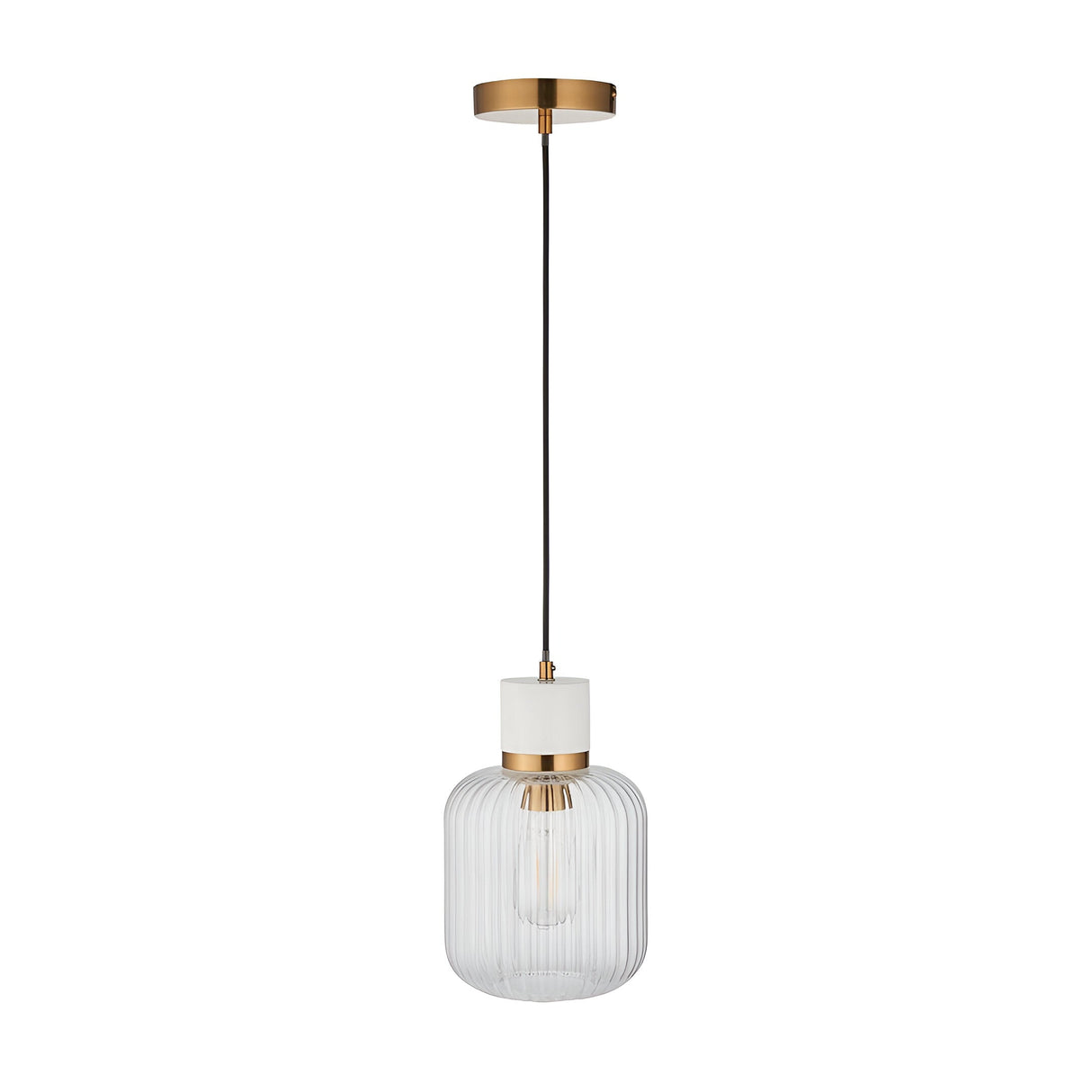 Cranton Pendant Light in brass and white, single ribbed glass shade with marble top and brushed brass collar, black cord, on a white background.
