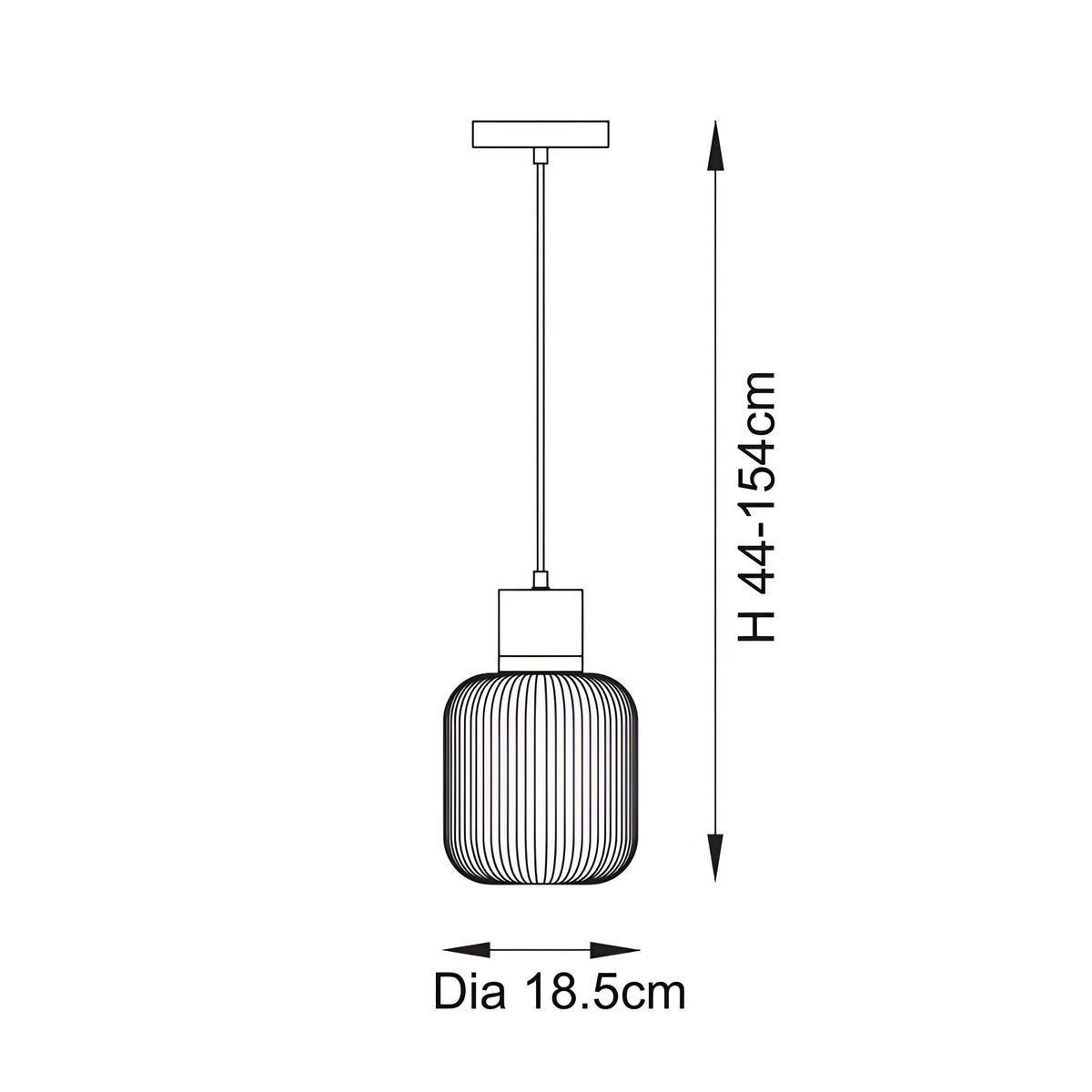 Technical line drawing of the Cranton Pendant Light with ribbed glass shade, brass collar, adjustable cord and ceiling plate, height 44-154cm, diameter 18.5cm.