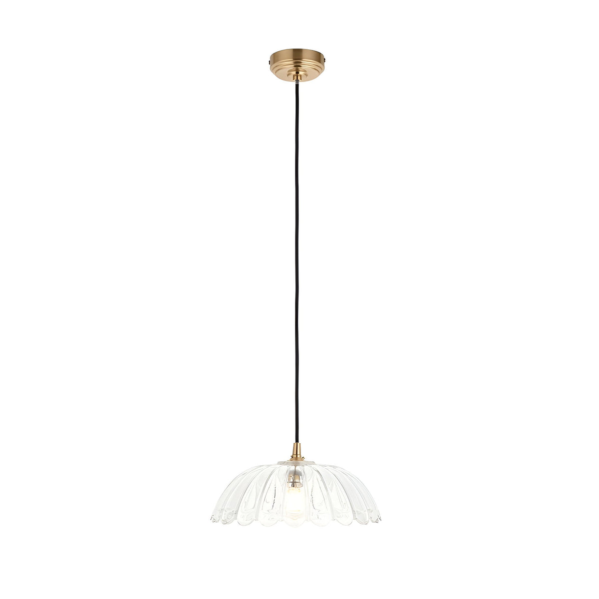 Endon Brackmont Carnation pendant light with a clear scalloped glass dome shade, brushed brass fitting and black braided cable, on a white background.