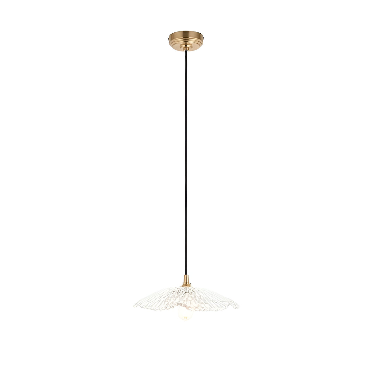 Brackmont Orchid Pendant with a scalloped clear glass shade and black braided cable on a brass ceiling rose, shown on a white background.