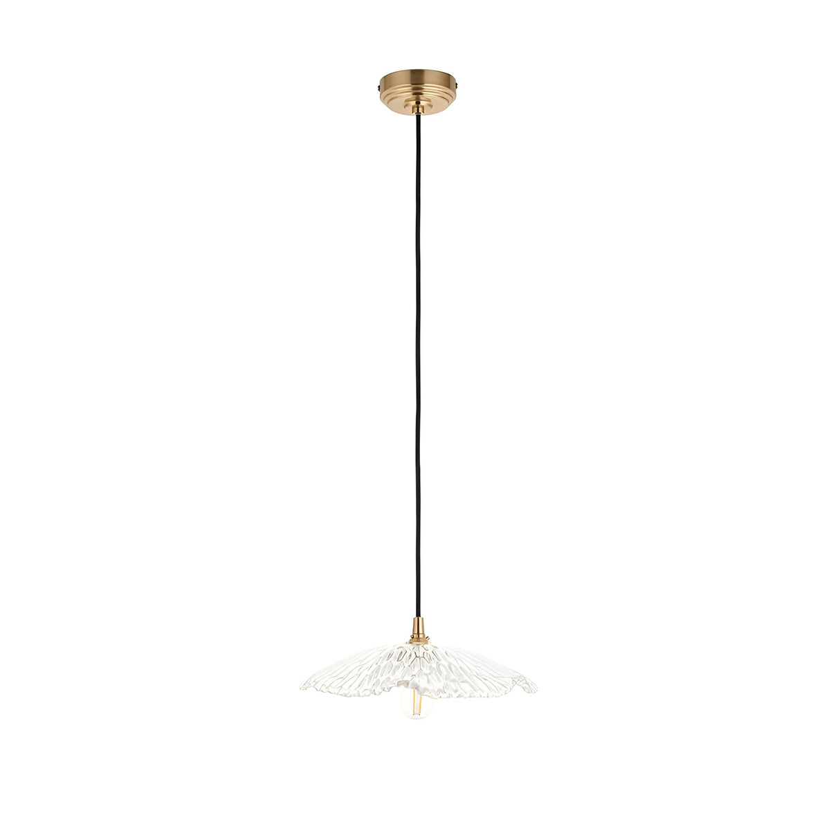 Brackmont Orchid Pendant with a scalloped, ribbed clear glass shade on a brass fitting and black braided cable, shown on a plain white background.