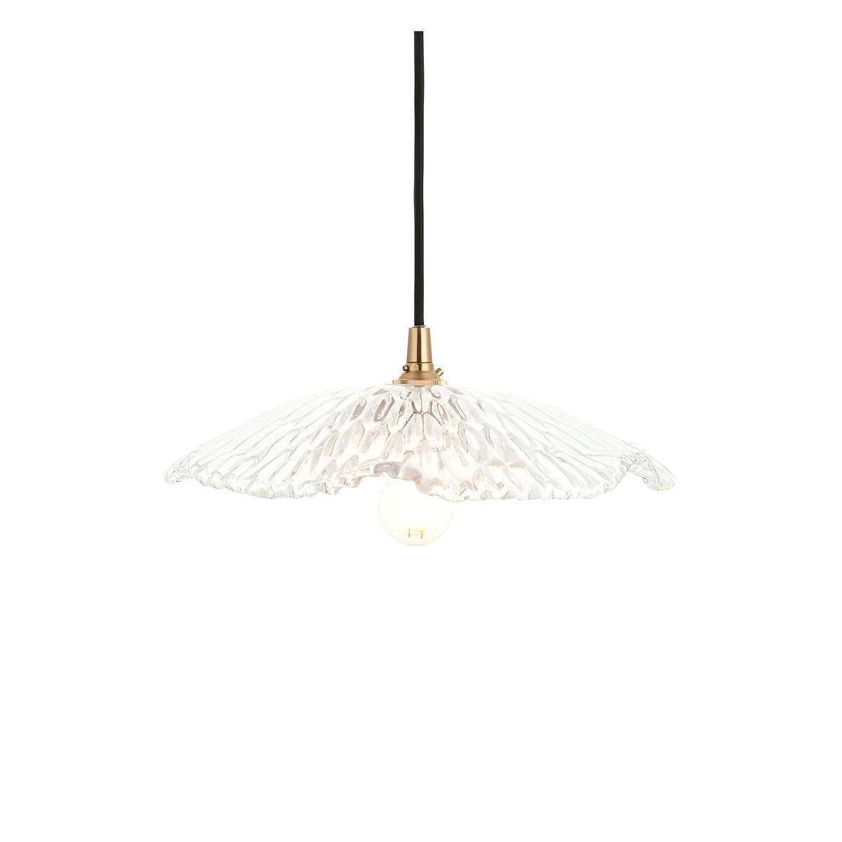 Brackmont Orchid Pendant with a rippled clear glass shade and brass fitting on a black cable, shown against a plain white background.