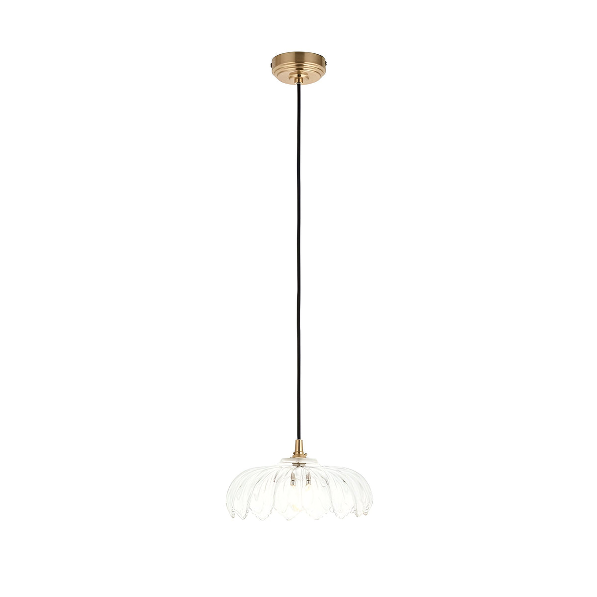 Brackmont Camellia Pendant with a scalloped clear glass shade on a brushed brass ceiling fitting and black braided cable, shown on a plain white background.