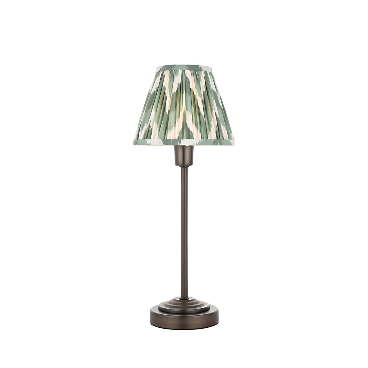Endon Cliffbourne Zigzag table lamp with slim antique bronze stepped base and tapered pleated faux silk shade in green and cream zigzag print.