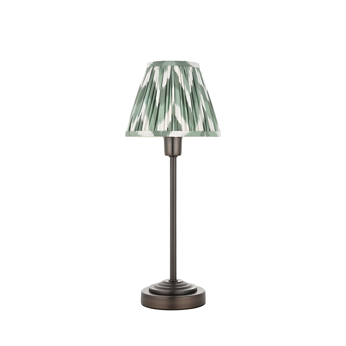 Endon Cliffbourne Zigzag table lamp with slim antique bronze stepped base and tapered pleated green and white patterned faux silk shade.