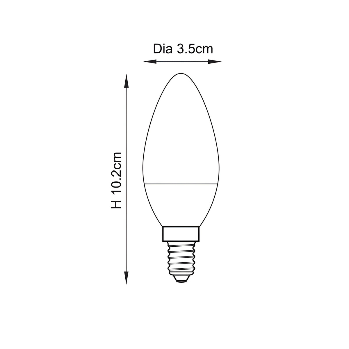 Endon 4.9W E14 LED candle bulb dimension diagram showing 3.5cm diameter and 10.2cm height with tapered opal shape and screw cap.