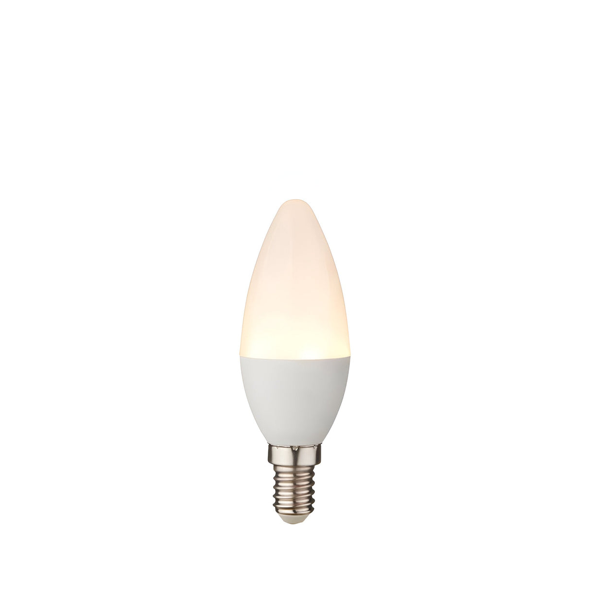 Endon 4.9W E14 LED candle bulb with a tapered opal white shape and silver screw cap, shown on a plain white background.