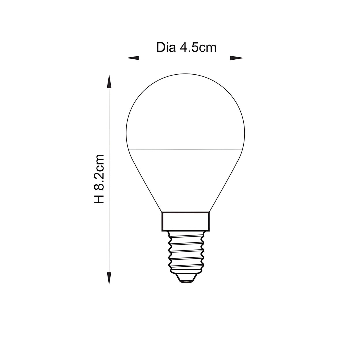 Endon 4.9W E14 LED golf bulb technical diagram showing 4.5cm diameter and 8.2cm height with small Edison screw cap on a white background.
