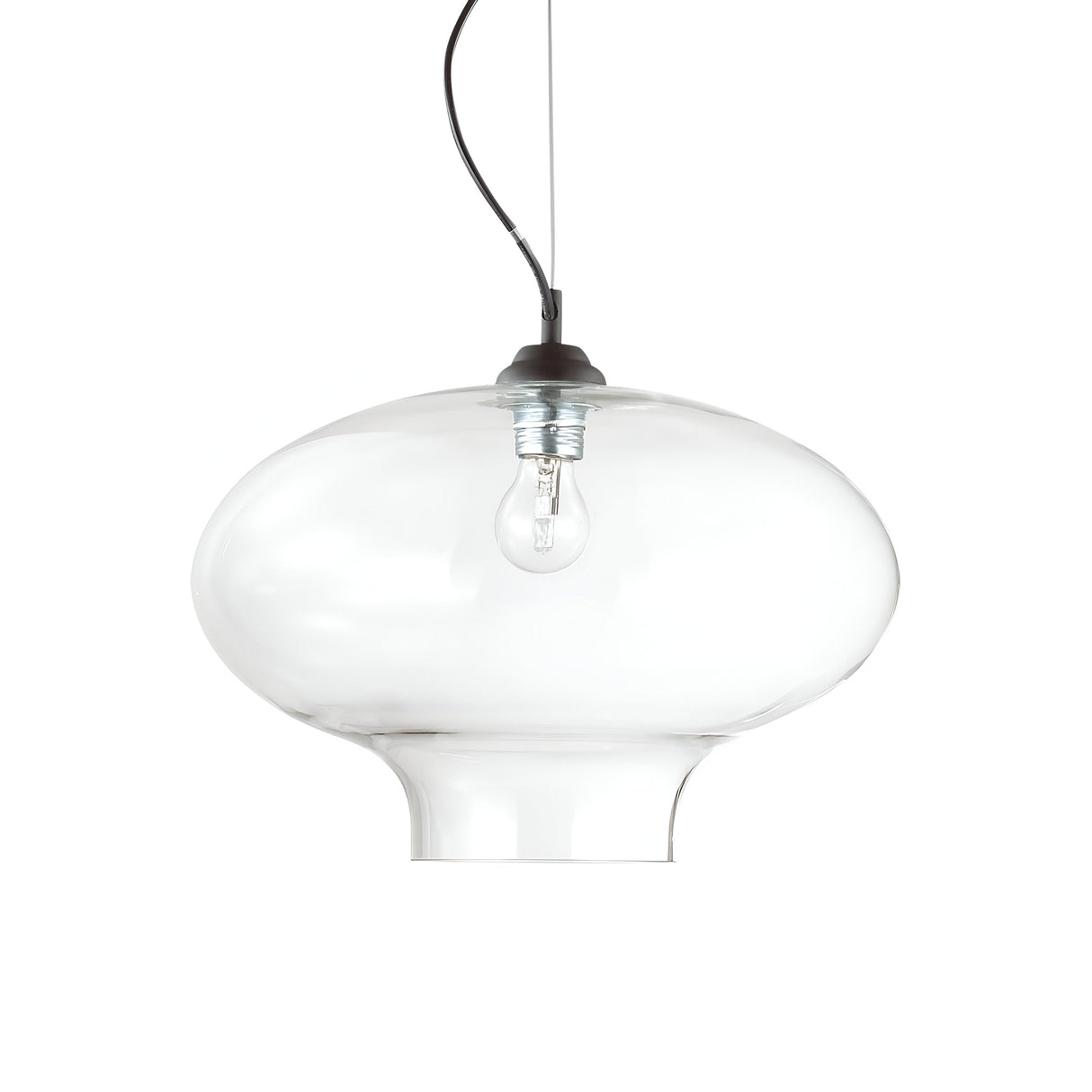 The Sky-2 1 Light Glass Pendant - Clear is a modern light fixture featuring an exposed bulb hanging from a black cord. Its clear glass lampshade has a rounded, wide design with a narrow base, embodying minimalist and contemporary aesthetics in modern lighting.