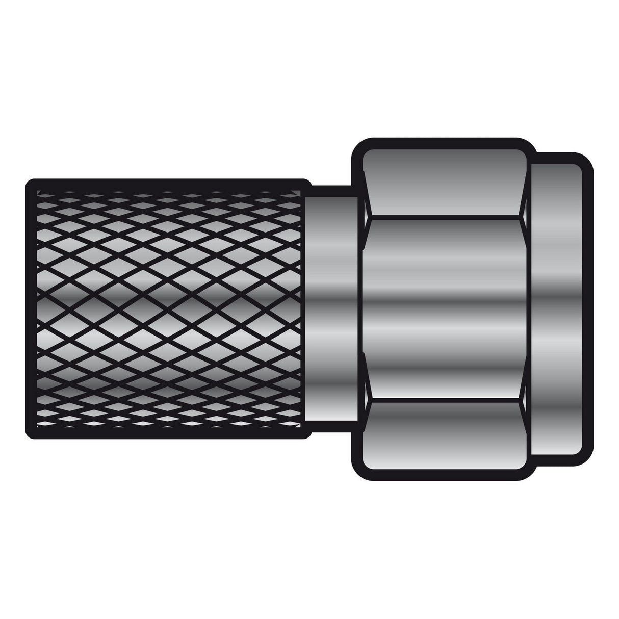 An illustration showcasing the AV:Link F Plug Twist On CAI Cable - Bulk, featuring a premium connector with a metallic hose fitting displaying a textured, mesh-like pattern on the left and a sleek black nickel F connector on the right, all presented in shades of gray against a simple white background.