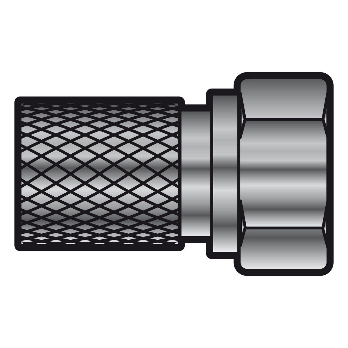 Illustration of the AV:Link High Quality F Plug RG6 featuring a metal braided hose connector with a textured cylindrical section on one side and a hexagonal nut resembling black nickel on the other, set against a white background, ideal for RG6 cables.