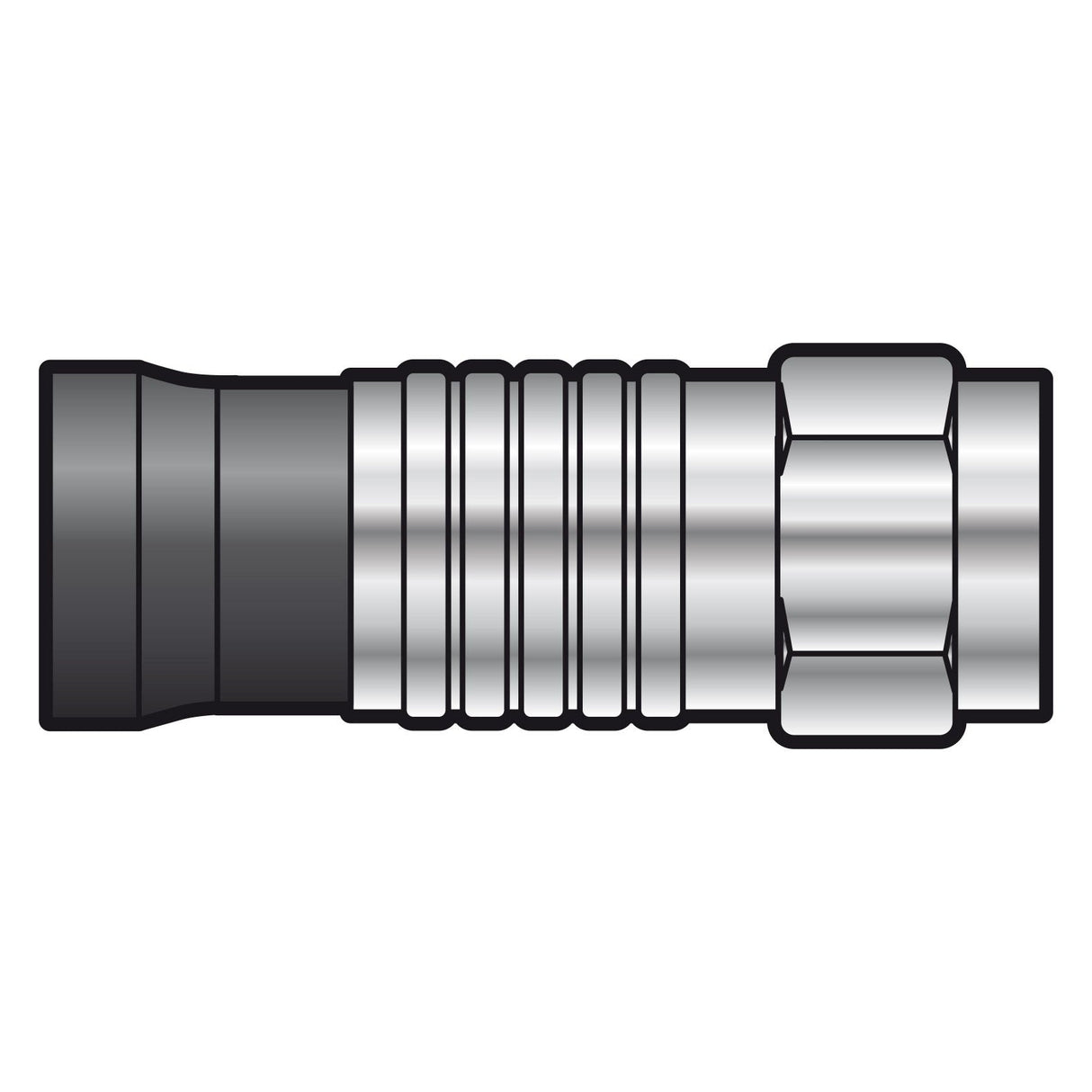 Illustration of the AV:Link Snap Seal F Plug - Bulk, a silver and black coaxial cable connector with a cylindrical shape, multiple ridges, and a hexagonal end. The connector is engineered for a watertight seal and is displayed against a plain white background.