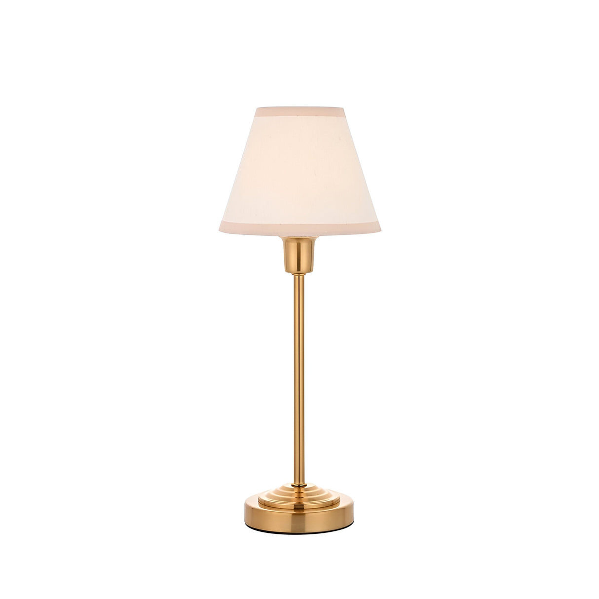 Cliffbourne Ivy Table Lamp with brass stepped base and tapered white cotton-mix shade, single E14 fitting, shown on a plain white background.