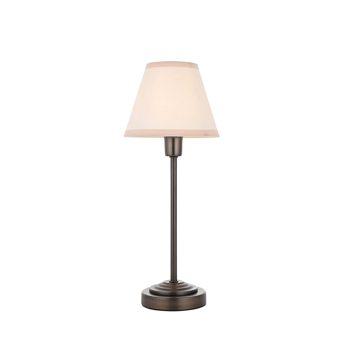 Endon Cliffbourne Ivy table lamp with slim antique bronze stepped base and tapered vintage white cotton shade with taped edge, on a white background.