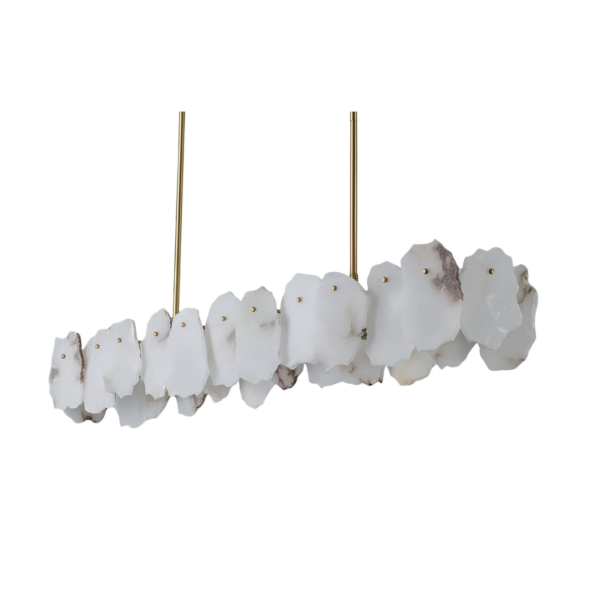 Niori Solvane linear chandelier with a horizontal arrangement of irregular soft white alabaster petals suspended from slim brass rods on a plain background.