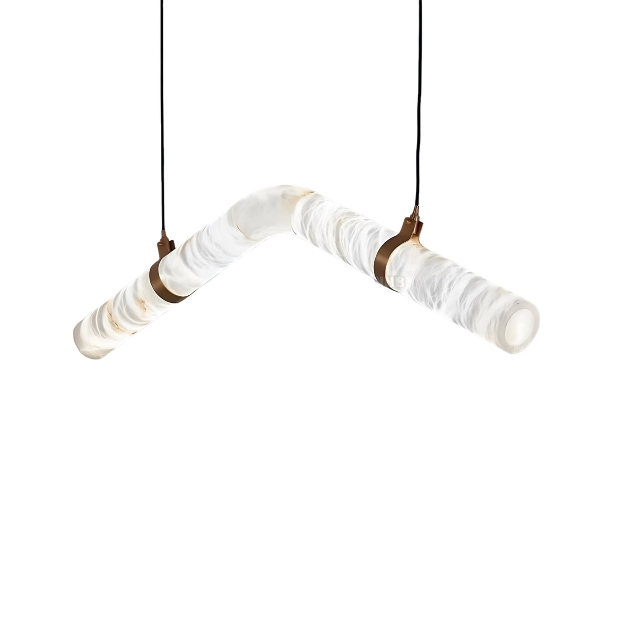 The Zareon LED Medium Articulated Alabaster Suspension Light – Soft White features a V-shaped translucent tube with brown leather straps, suspended from black cords, offering a marbled white and beige look, perfect for modern spaces.