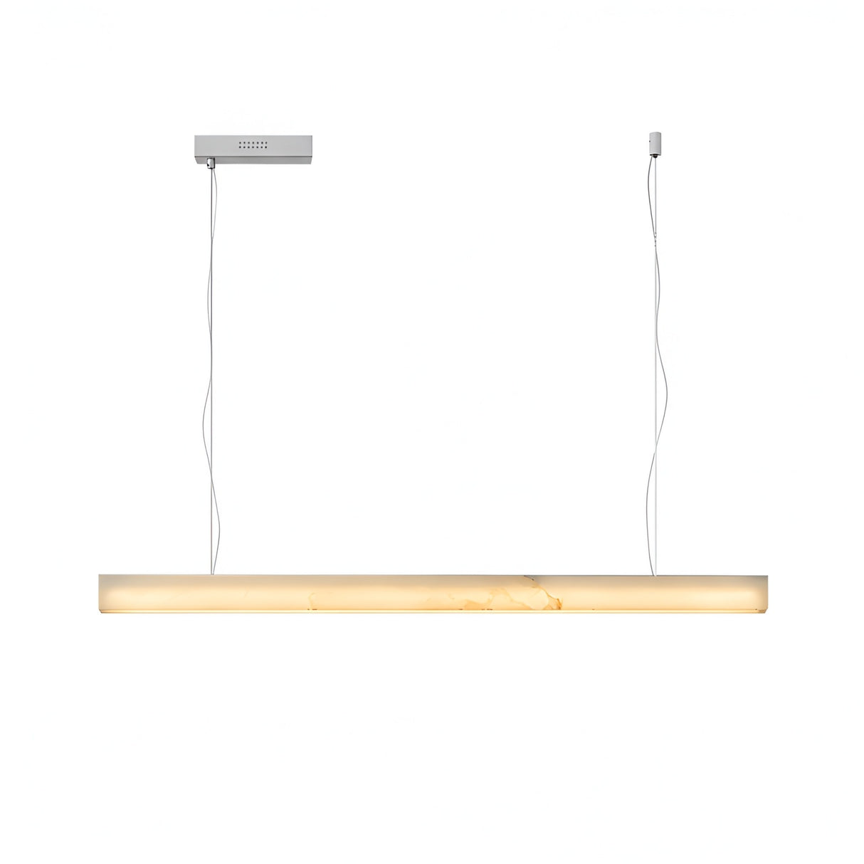 The Alba Large Alabaster Linear Suspension Light - Soft White features a modern, minimalist design with a long frosted glass shade suspended by two thin wires—ideal for kitchen island lighting against a white background.