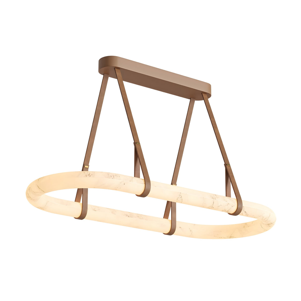 The Cintura LED Medium Alabaster Floating Suspension Light in Soft White features a sculptural horizontal design with a rectangular bronze mount and four angled supports, showcasing an elegant oval, marble-like LED light that seems to float in any space.