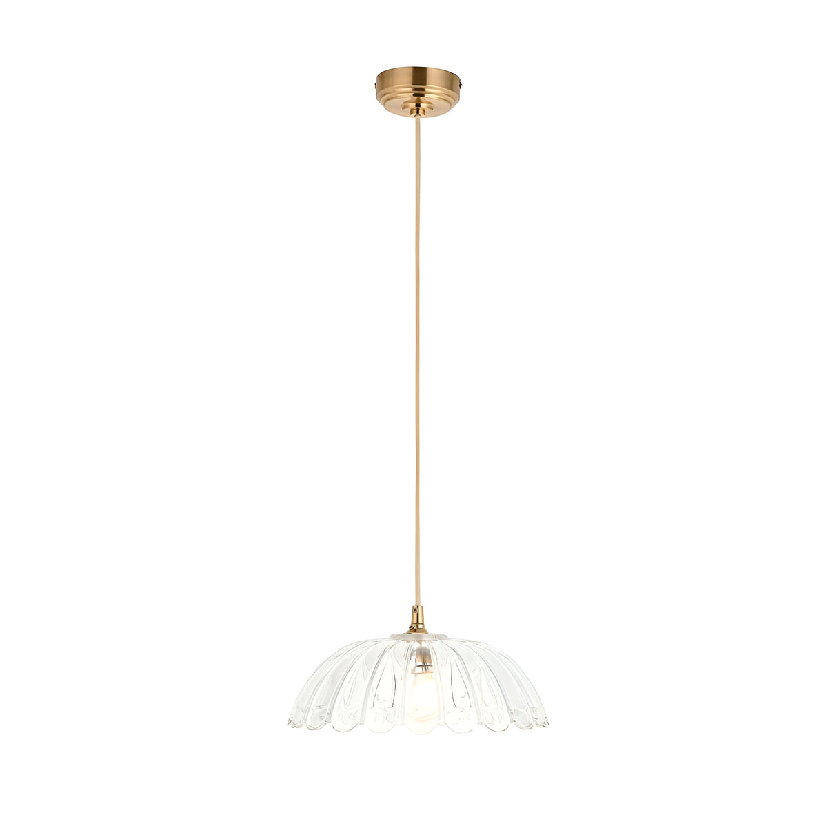 Endon Brackmont Carnation pendant light with a scalloped clear glass domed shade and brushed brass ceiling fitting on a natural cable.