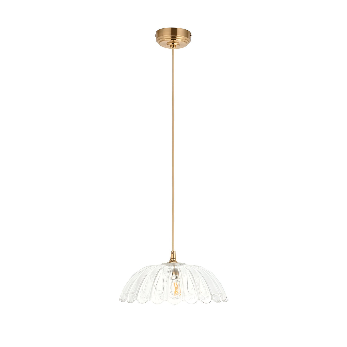 Endon Brackmont Carnation pendant light with a clear scalloped glass domed shade and brushed brass fitting on a natural braided cable, shown on white.