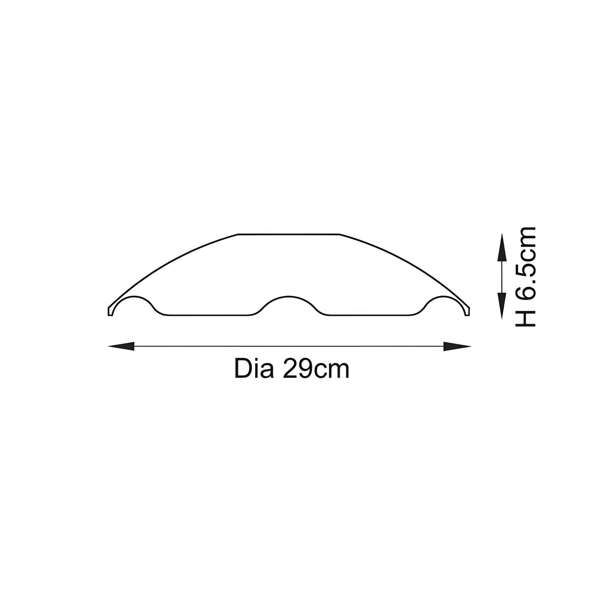 Line drawing of the Brackmont Orchid Pendant glass shade showing rippled scalloped edge, 29cm diameter and 6.5cm height, on a white background.