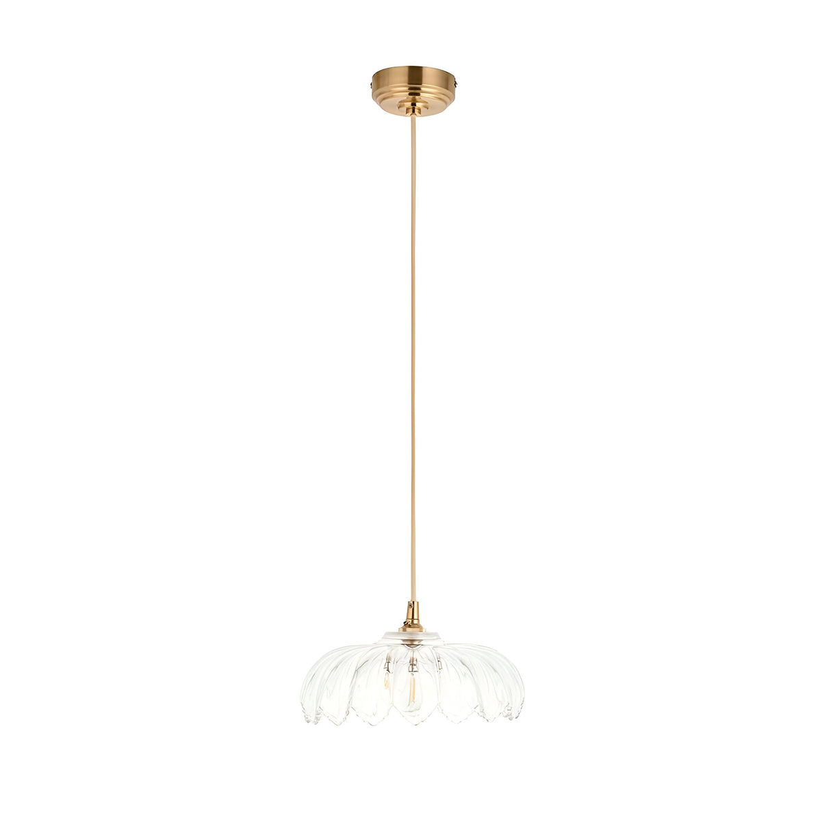 Brackmont Camellia Pendant in brass with a scalloped clear glass shade on a natural braided cable, shown on a plain white background.