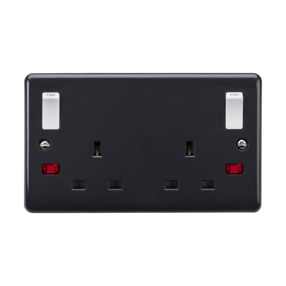 Introducing the 13A 2 Gang DP Switched Socket, a sophisticated and modern black double electrical outlet featuring two UK-style plug sockets. Each socket is equipped with a red neon indicator light and distinctive white on/off switches above, ensuring both safety and style. Engineered to meet British Safety Standards, this design also includes twin earths and outboard rockers, making it Part M compliant for enhanced functionality.