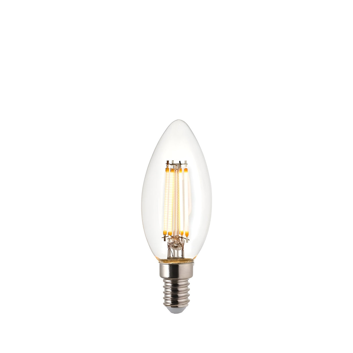 Endon 2.2W E14 LED filament candle bulb with clear glass, tapered tip and visible warm white filaments on a plain white background.