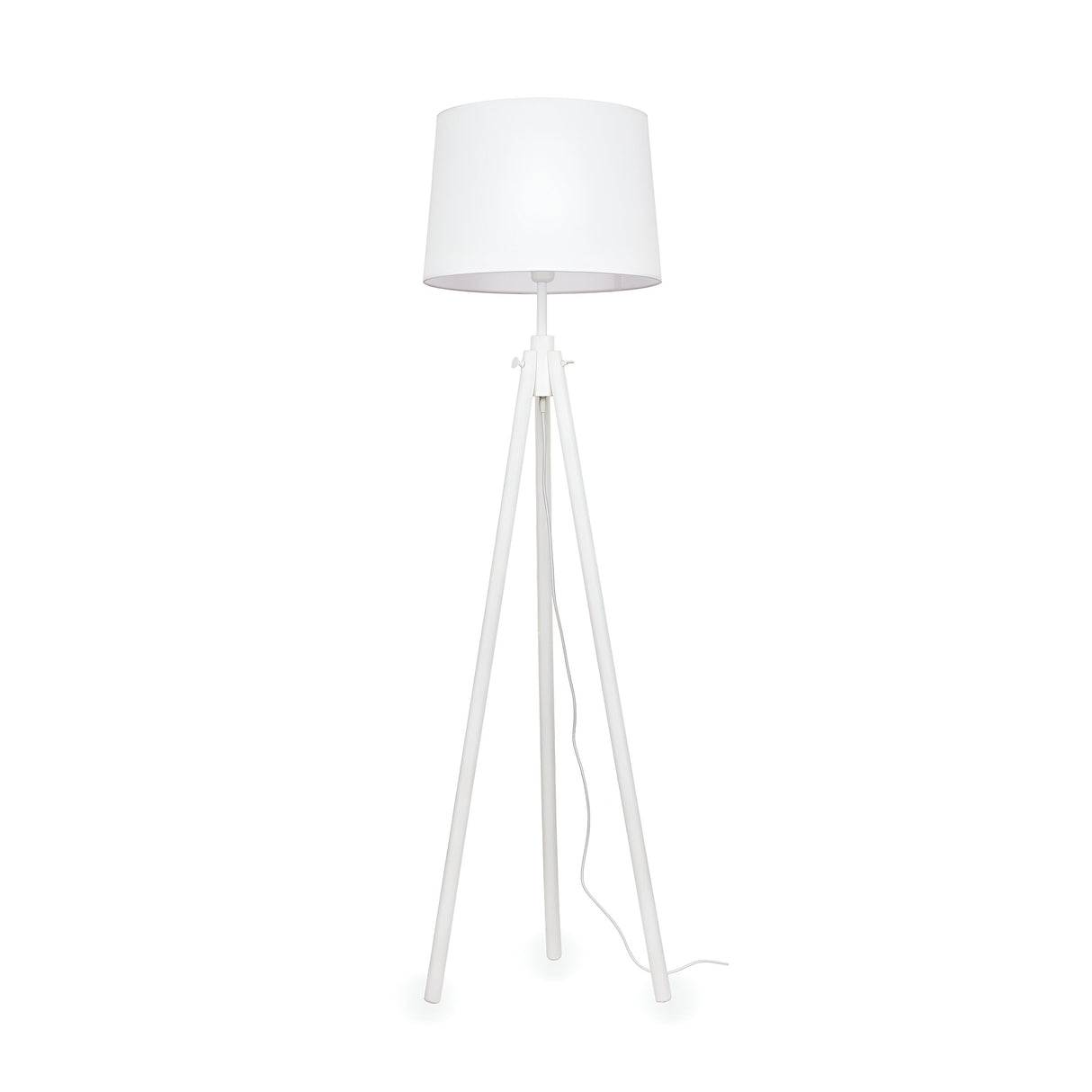 The Blues Wood Floor Lamp - White features a cylindrical shade on a tripod base, exemplifying minimalist lighting design. Its power cord extends visibly from the center, and this wooden floor lamp integrates effortlessly into modern interiors, making it ideal for contemporary spaces.