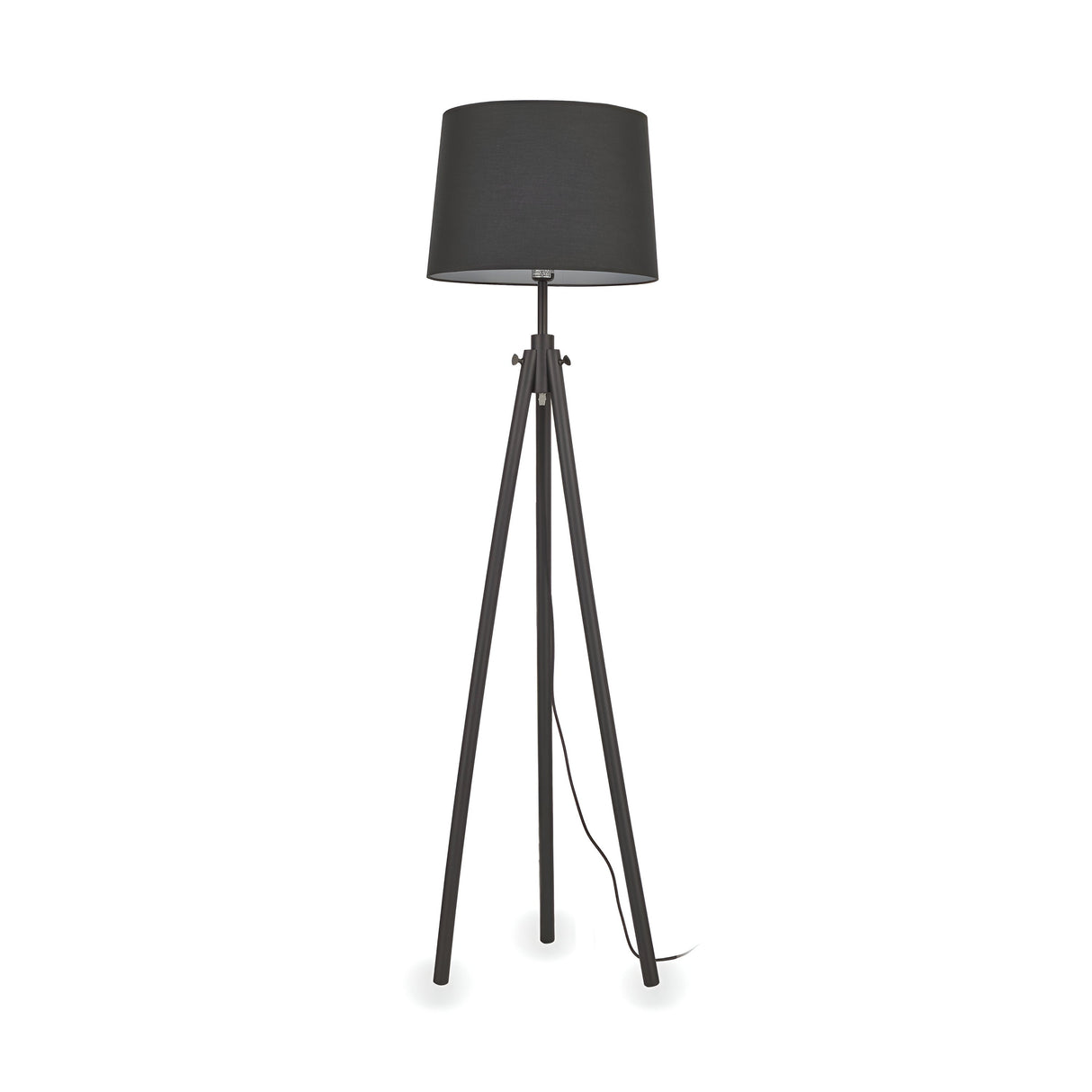 Introducing the Blues Wood Floor Lamp in black, featuring a modern design with a sleek wooden tripod base and a cylindrical lampshade. It is displayed against a plain white backdrop, with the power cord elegantly hanging down from the lampshade.