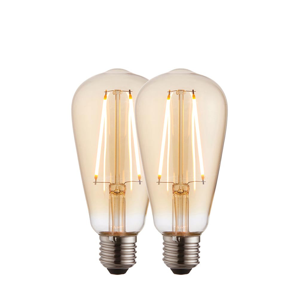 Endon 2W E27 LED filament pear bulbs in a 2 pack, with amber tinted glass and visible filaments on a plain white background.