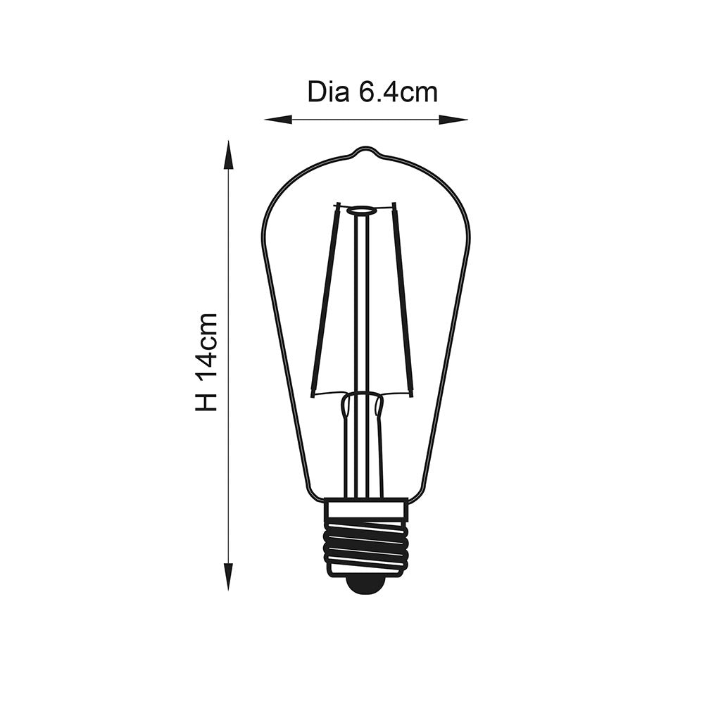Endon 2W E27 LED filament pear bulb dimensioned diagram showing 6.4cm diameter and 14cm height with visible filaments and screw cap.