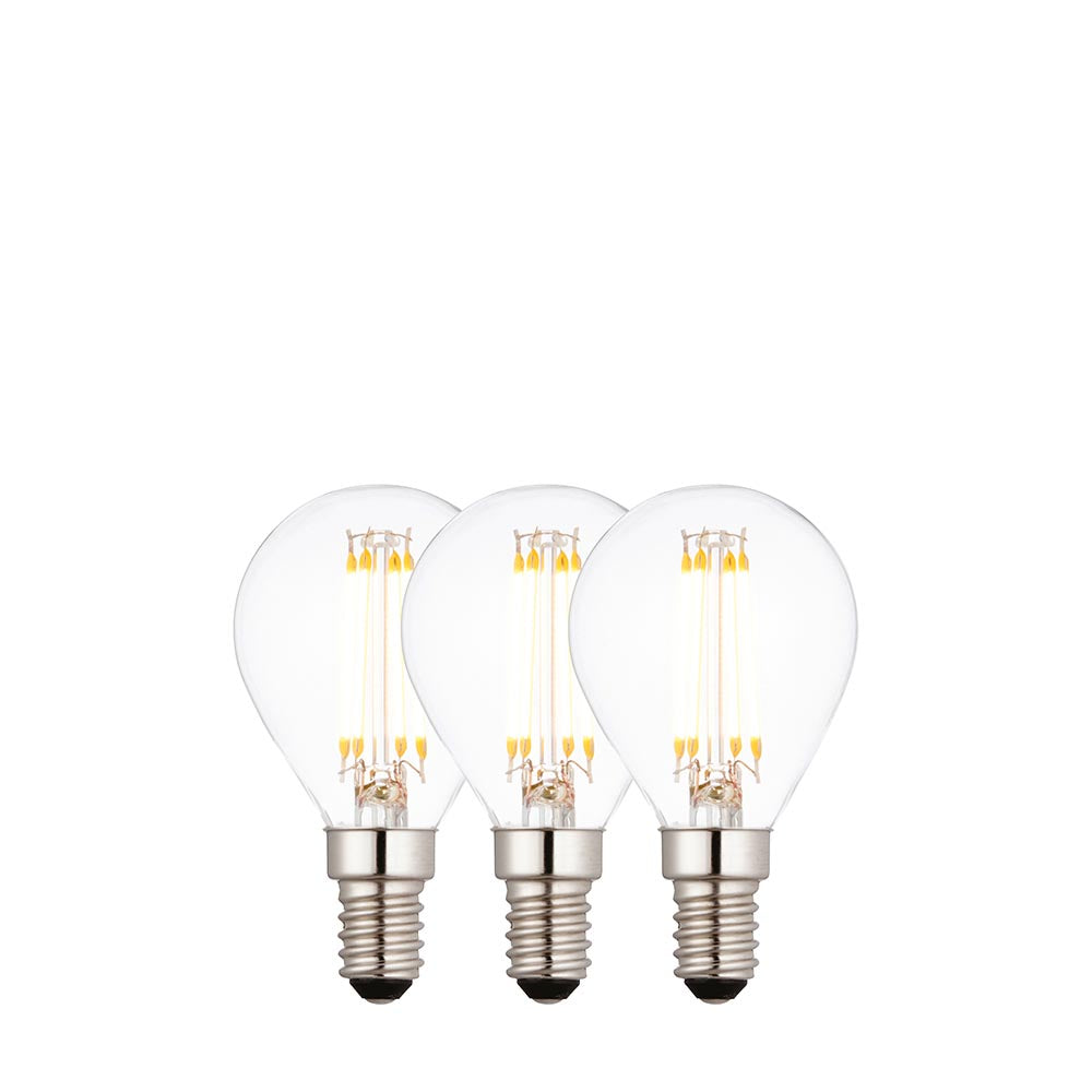 Endon 4W E14 LED filament golf bulbs in a 3-pack, clear glass with visible warm white LED filaments and silver screw caps, on a plain white background.