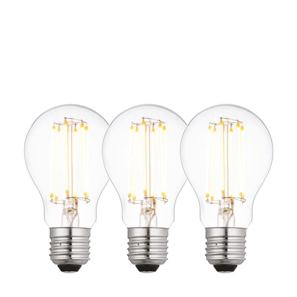 Endon 6W E27 LED filament GLS bulbs in warm white, shown as a three-pack of clear glass bulbs with visible filaments and screw caps on a white background.