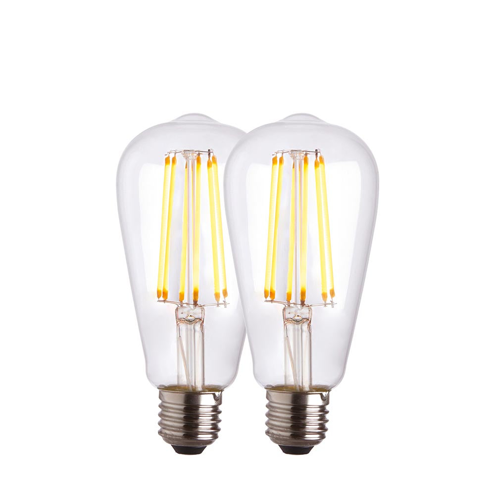 Endon 6W E27 LED filament pear bulbs in warm white, shown as a 2-pack with clear glass and visible LED filaments on a plain white background.