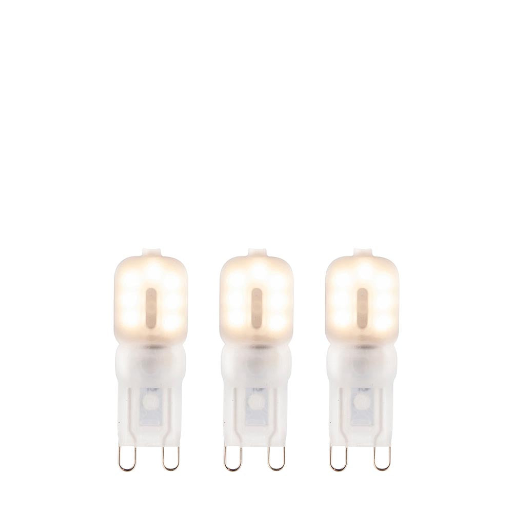 Endon 2W G9 LED capsule bulbs in warm white, shown as a 3-pack of frosted polycarbonate capsules with two-pin caps on a plain white background.